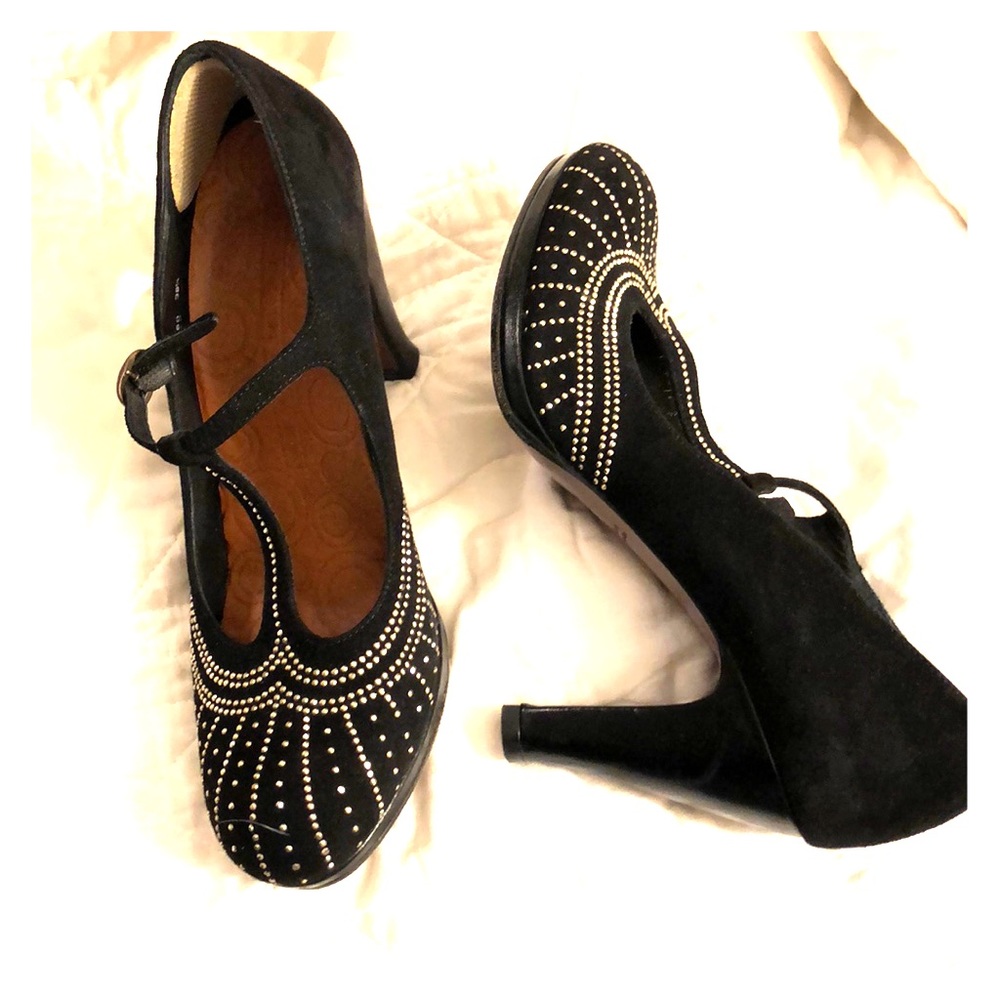 Chie Mihara Black Suede Mary Jane Heels with Stud Embellishment